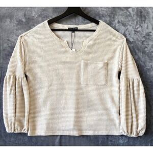 NWT Miou Muse Blouse Women Medium Waffle Knit Beige Balloon Sleeve